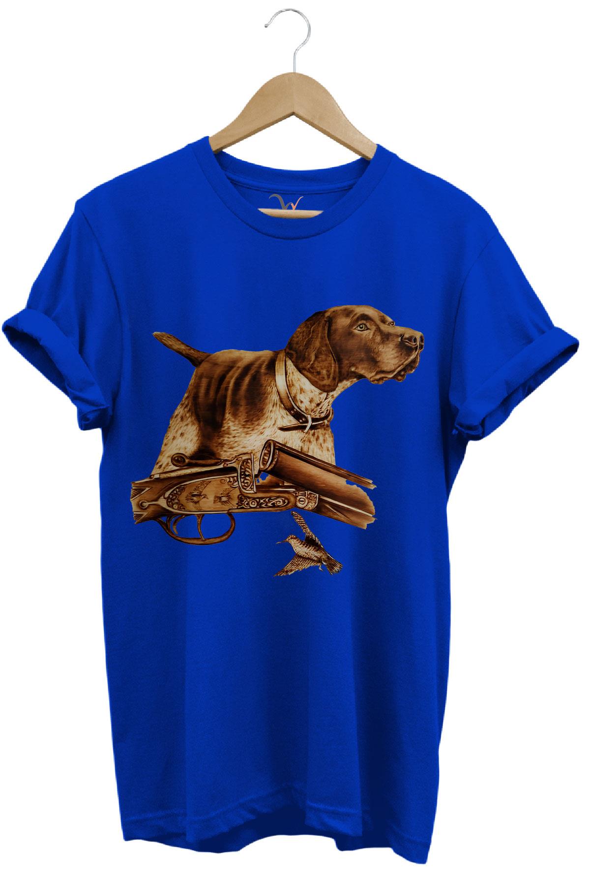 Hunter Avcılık Temalı Fişek Labrador Retriever Setter Pointer Baskılı %100 Pamuk Regular Fit T-Shirt - Mavi