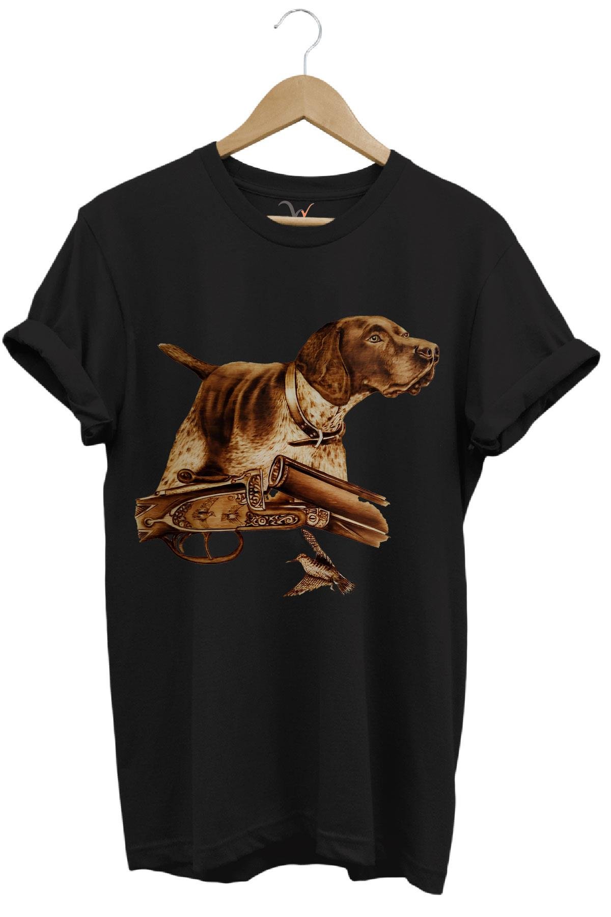 Hunter Avcılık Temalı Fişek Labrador Retriever Setter Pointer Baskılı %100 Pamuk Regular Fit T-Shirt - Siyah