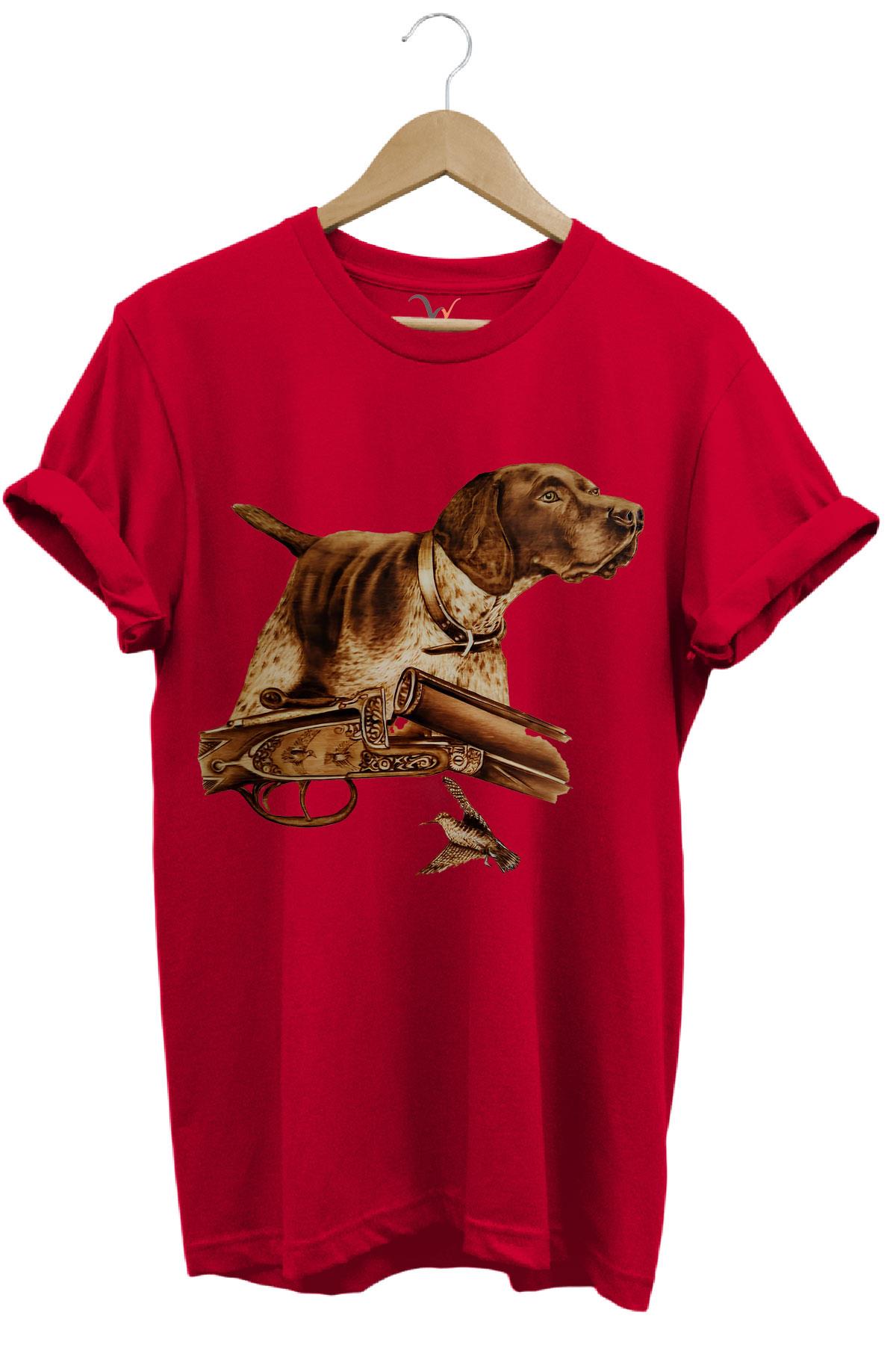Hunter Avcılık Temalı Fişek Labrador Retriever Setter Pointer Baskılı %100 Pamuk Regular Fit T-Shirt - Kırmızı