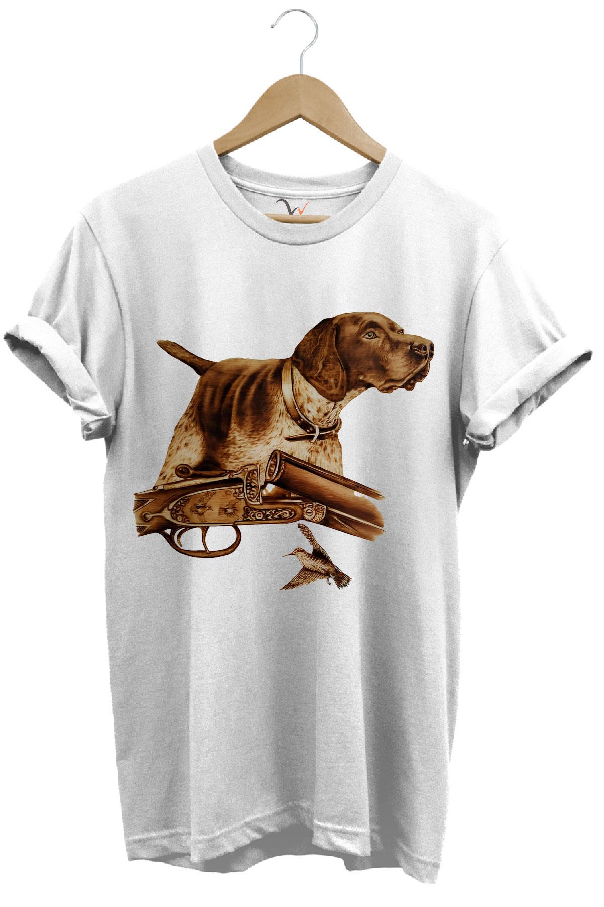 Hunter Avcılık Temalı Fişek Labrador Retriever Setter Pointer Baskılı %100 Pamuk Regular Fit T-Shirt - Beyaz