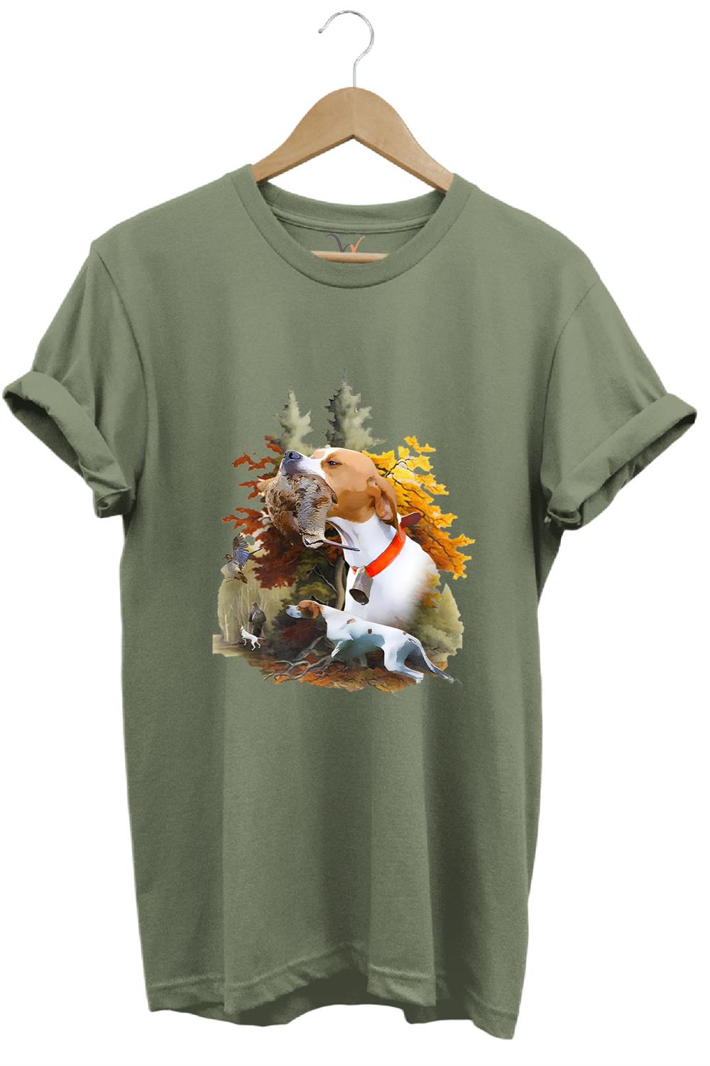 Hunting Avcılık Çulluk Ve English Pointer Av Köpeği Baskılı %100 Pamuk Regular Fit T-Shirt - Haki