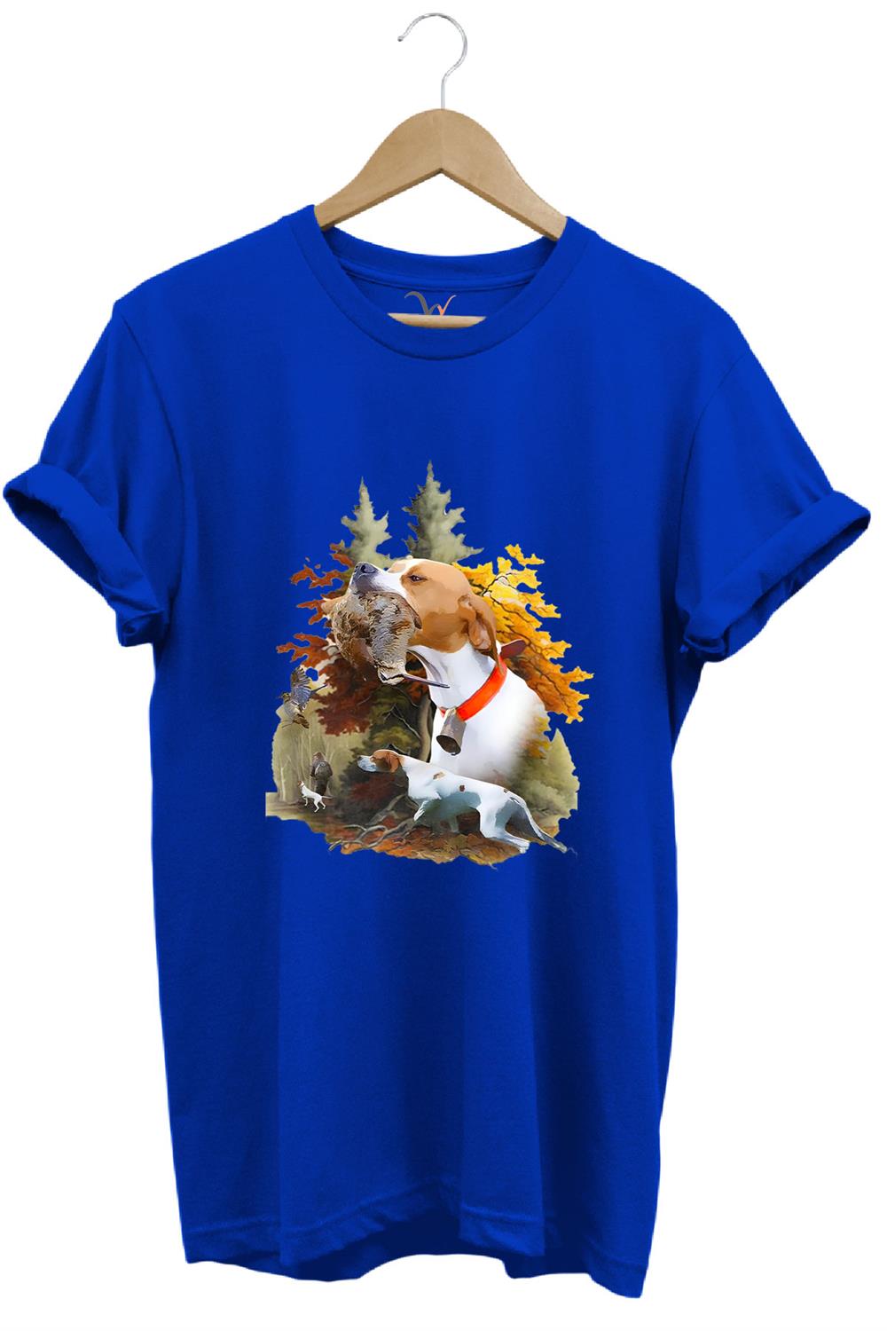 Hunting Avcılık Çulluk Ve English Pointer Av Köpeği Baskılı %100 Pamuk Regular Fit T-Shirt - Mavi