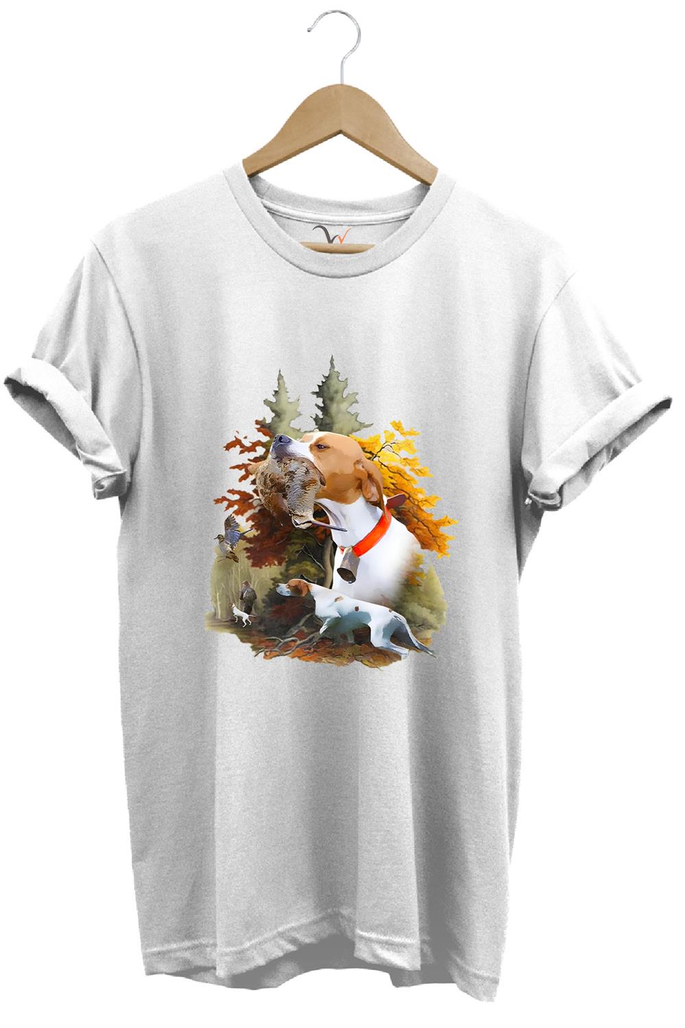 Hunting Avcılık Çulluk Ve English Pointer Av Köpeği Baskılı %100 Pamuk Regular Fit T-Shirt - Beyaz