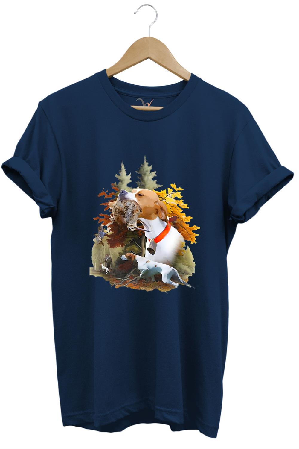Hunting Avcılık Çulluk Ve English Pointer Av Köpeği Baskılı %100 Pamuk Regular Fit T-Shirt - Lacivert