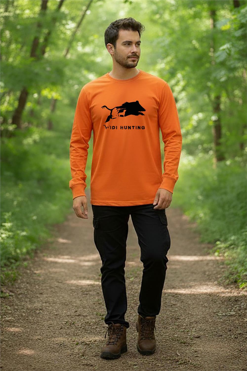 Hunting Avcılık Domuz Avcılığı Baskılı Vahşi Yaşam Turuncu Bisiklet Yaka Uzun Kollu T-Shirt - Turuncu