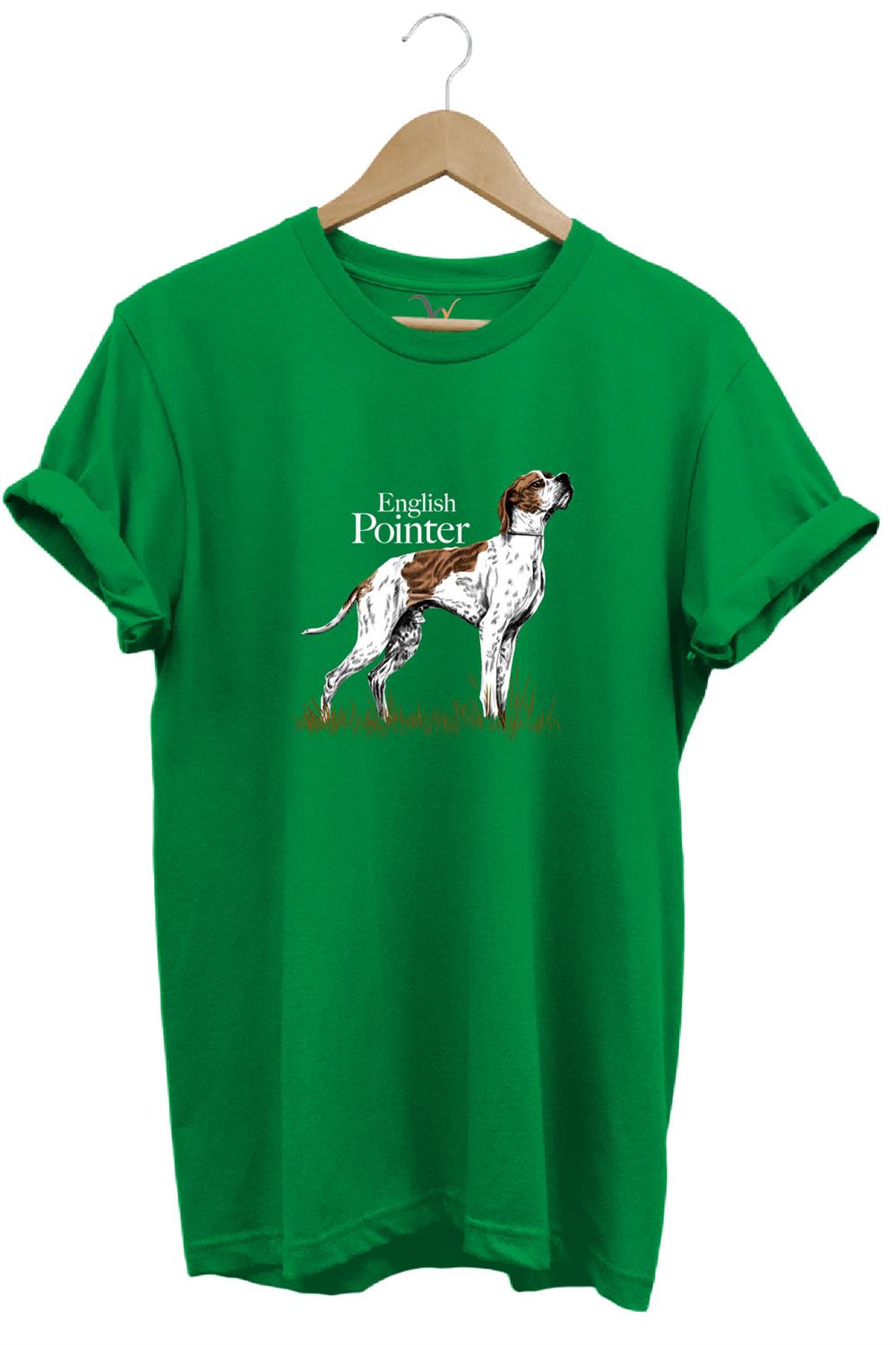 Hunting Avcılık English Pointer Av Köpeği Baskılı %100 Pamuk Regular Fit Unisex T-Shirt - Yeşil