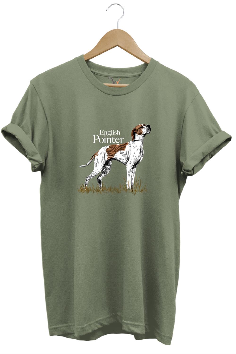 Hunting Avcılık English Pointer Av Köpeği Baskılı %100 Pamuk Regular Fit Unisex T-Shirt - Haki