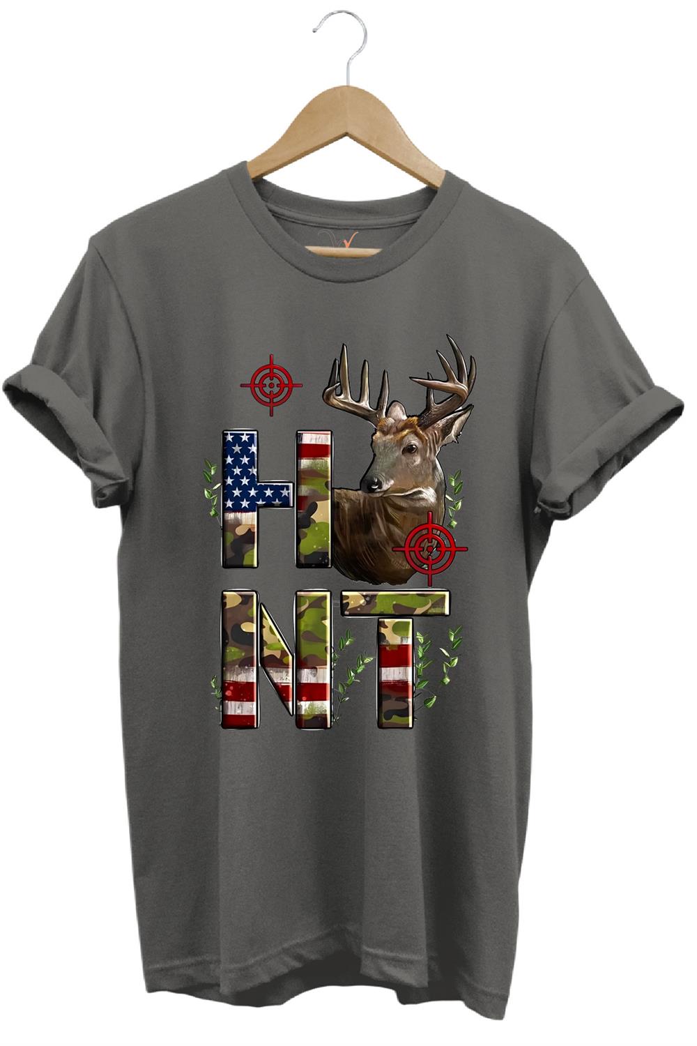 Hunting Avcılık Geyik Ve Kamuflaj Hunt Yazı Baskılı %100 Pamuk Regular Fit Bisiklet Yaka T-Shirt - Antrasit