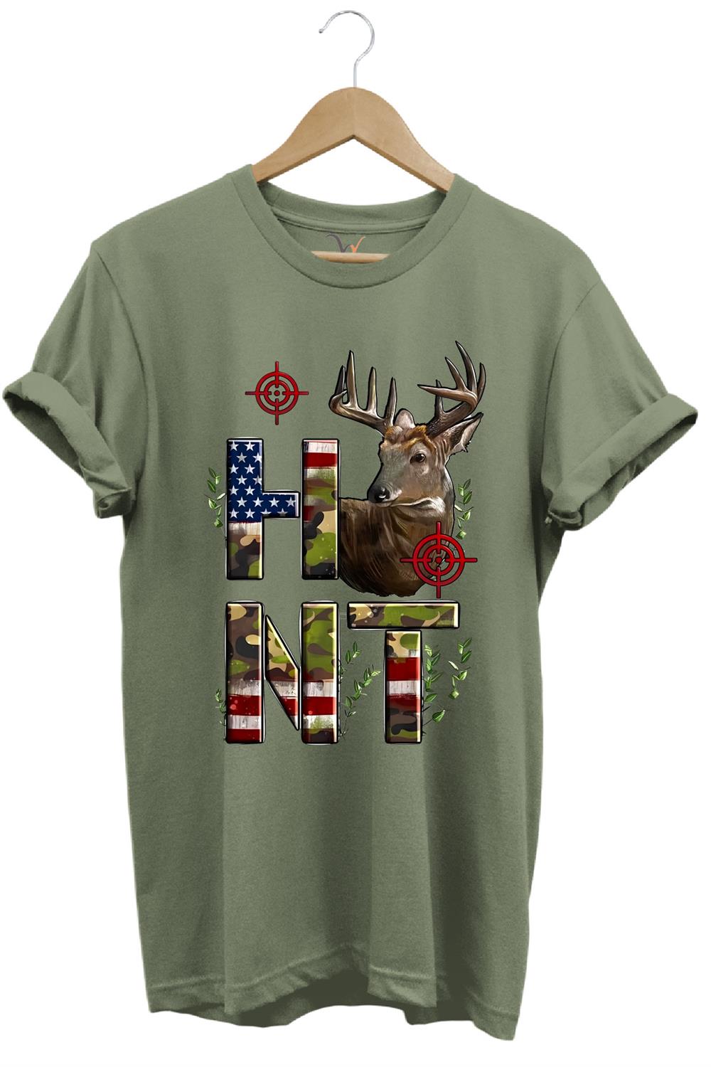 Hunting Avcılık Geyik Ve Kamuflaj Hunt Yazı Baskılı %100 Pamuk Regular Fit Bisiklet Yaka T-Shirt - Haki