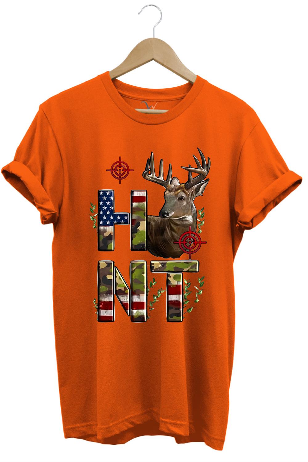 Hunting Avcılık Geyik Ve Kamuflaj Hunt Yazı Baskılı %100 Pamuk Regular Fit Bisiklet Yaka T-Shirt - Turuncu