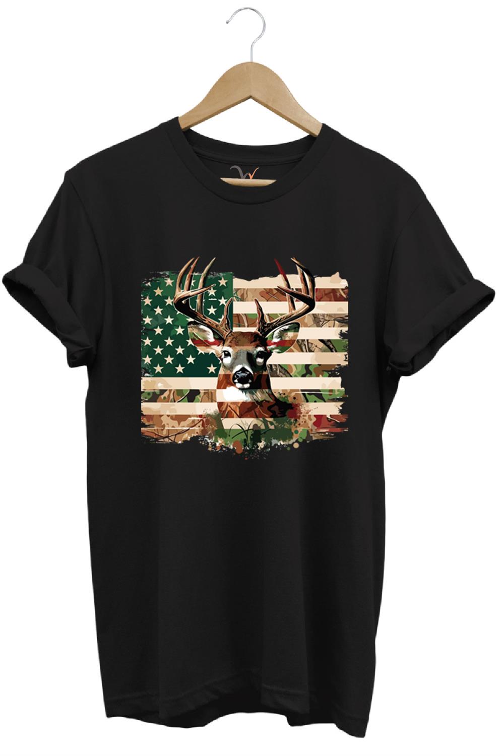 Hunting Avcılık Kamuflaj Geyik Avı Poster Baskılı %100 Pamuk Regular Fit Bisiklet Yaka T-Shirt - Siyah
