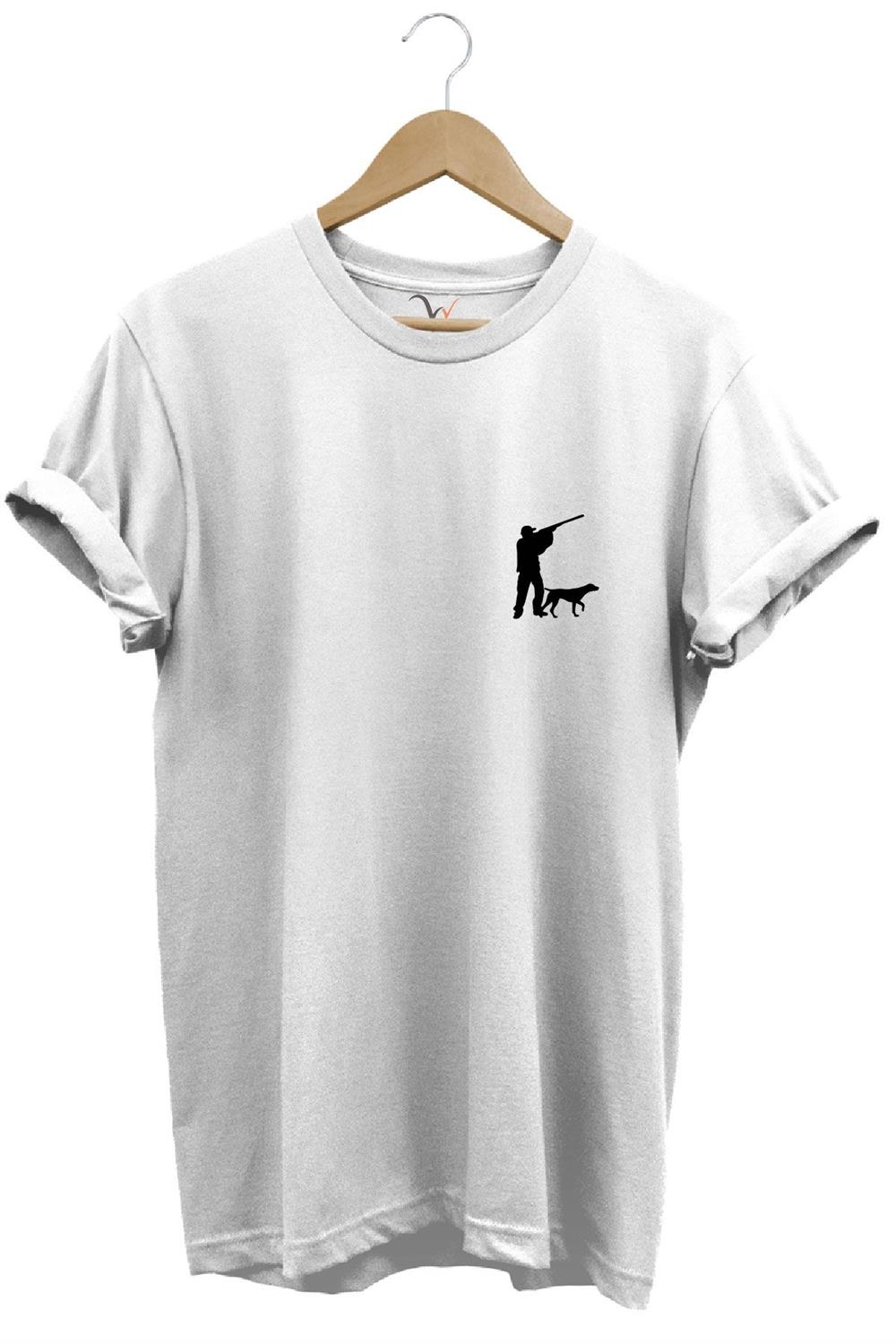 Hunting Avcılık Minimal Av Köpeği Ve Avcı Baskılı %100 Pamuk Regular Fit Unisex T-Shirt - Beyaz