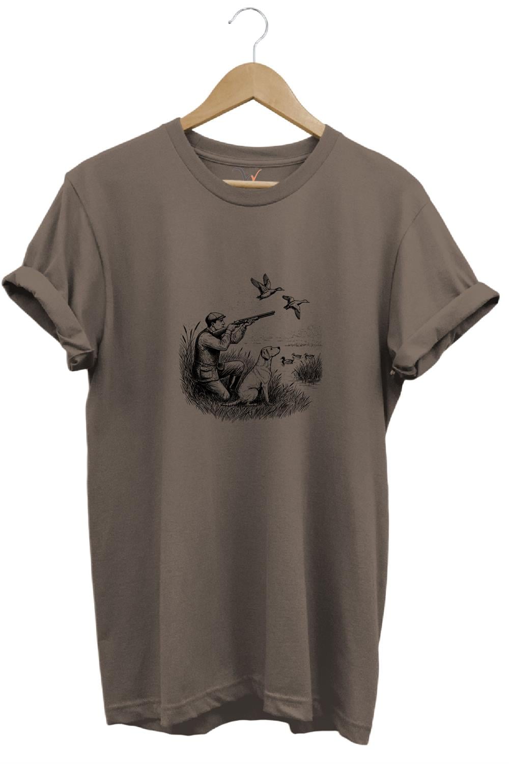 Hunting Avcılık Ördek Avı Baskılı Avcı Ve Av Köpeği Regular Fit Bisiklet Yaka T-Shirt - Kahverengi