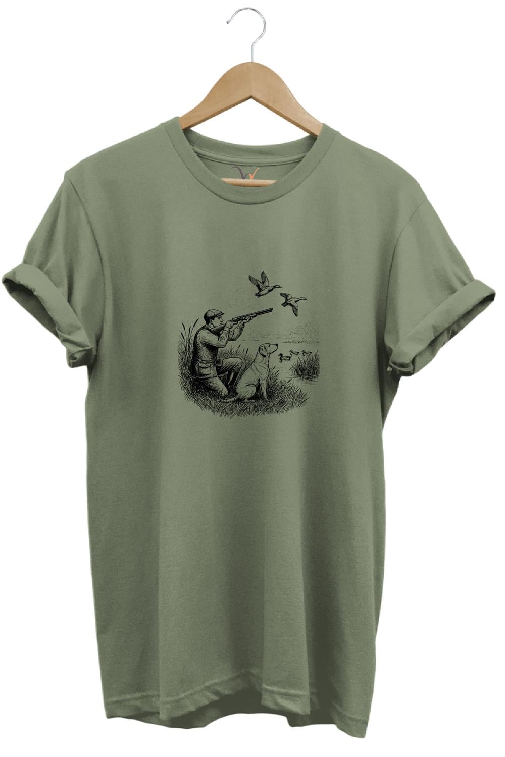 Hunting Avcılık Ördek Avı Baskılı Avcı Ve Av Köpeği Regular Fit Bisiklet Yaka T-Shirt - Haki