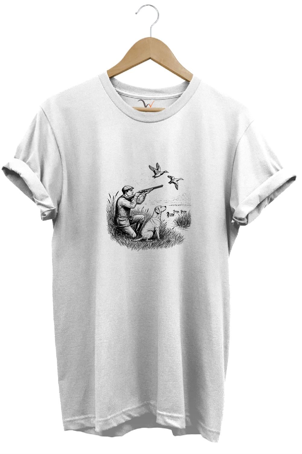 Hunting Avcılık Ördek Avı Baskılı Avcı Ve Av Köpeği Regular Fit Bisiklet Yaka T-Shirt - Beyaz