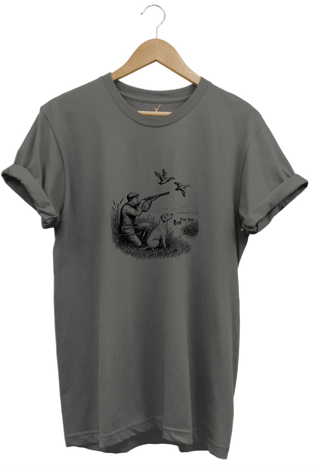 Hunting Avcılık Ördek Avı Baskılı Avcı Ve Av Köpeği Regular Fit Bisiklet Yaka T-Shirt - Antrasit