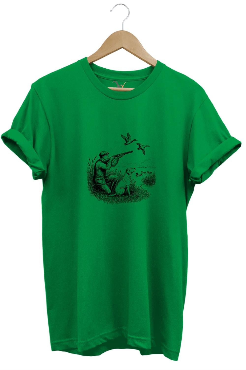Hunting Avcılık Ördek Avı Baskılı Avcı Ve Av Köpeği Regular Fit Bisiklet Yaka T-Shirt - Yeşil