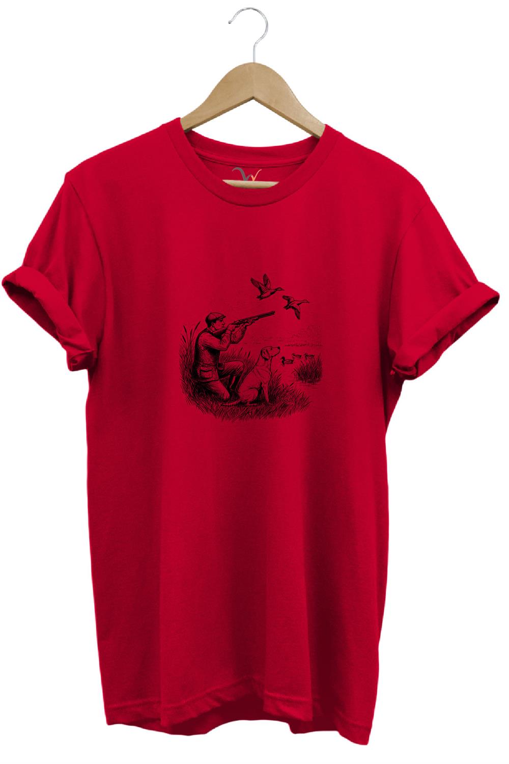 Hunting Avcılık Ördek Avı Baskılı Avcı Ve Av Köpeği Regular Fit Bisiklet Yaka T-Shirt - Kırmızı