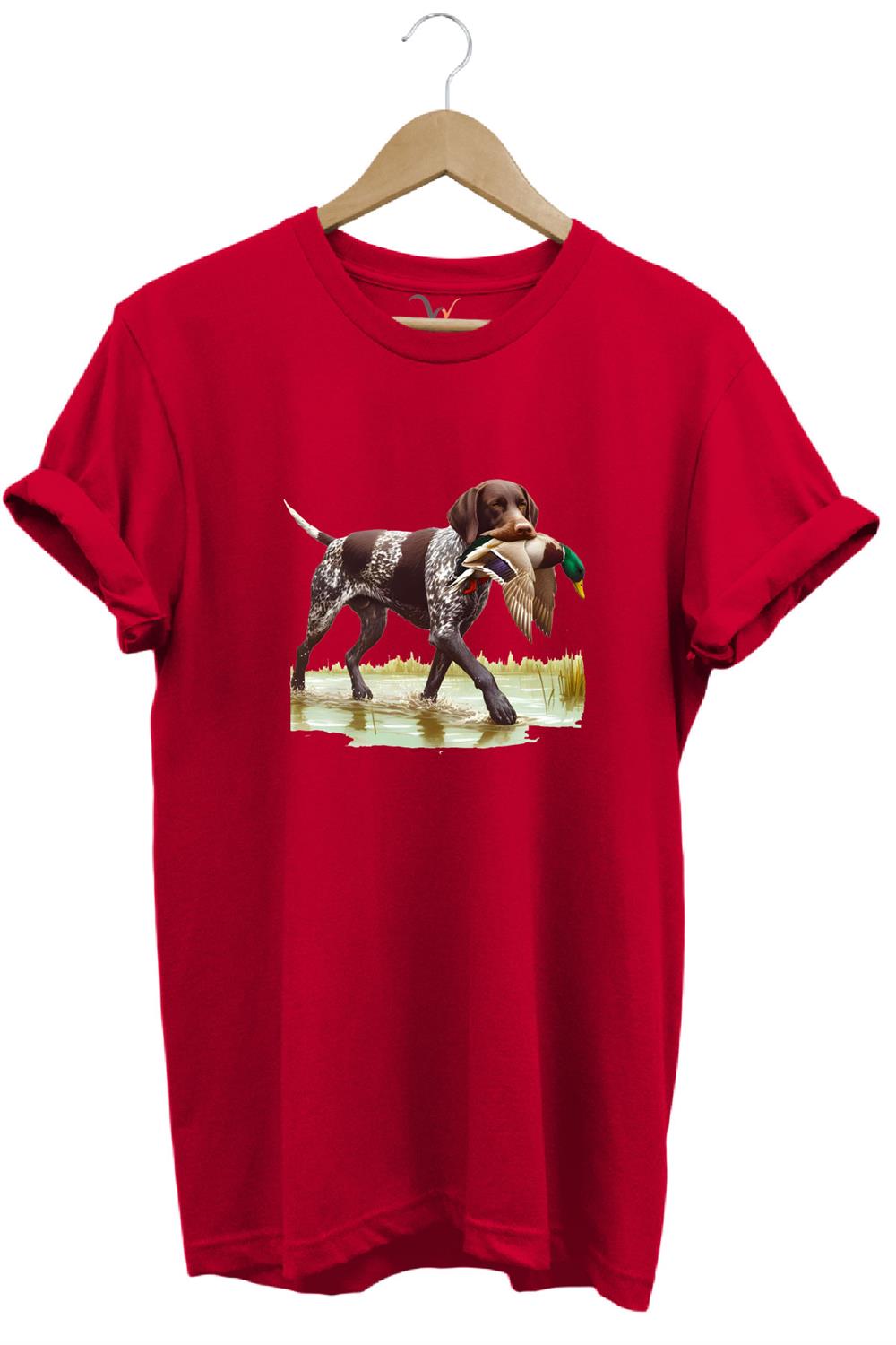 Hunting Avcılık Ördek Avı Baskılı Sazlıkta Avlanan Köpek %100 Pamuk Regular Fit T-Shirt - Kırmızı