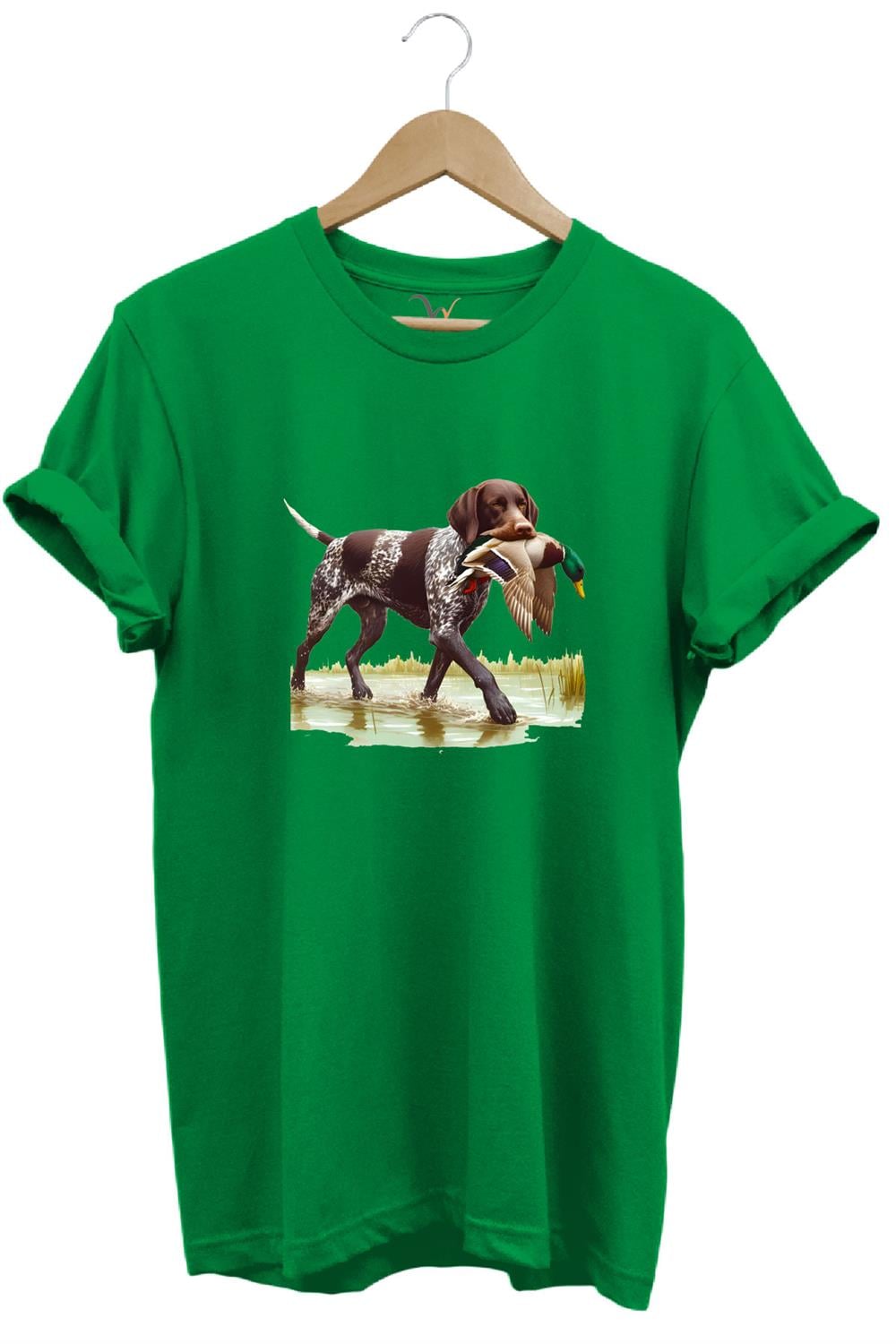 Hunting Avcılık Ördek Avı Baskılı Sazlıkta Avlanan Köpek %100 Pamuk Regular Fit T-Shirt - Yeşil