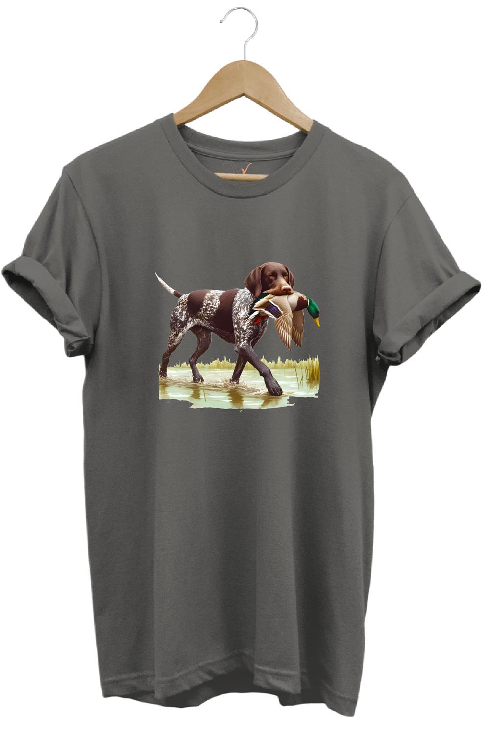 Hunting Avcılık Ördek Avı Baskılı Sazlıkta Avlanan Köpek %100 Pamuk Regular Fit T-Shirt - Antrasit