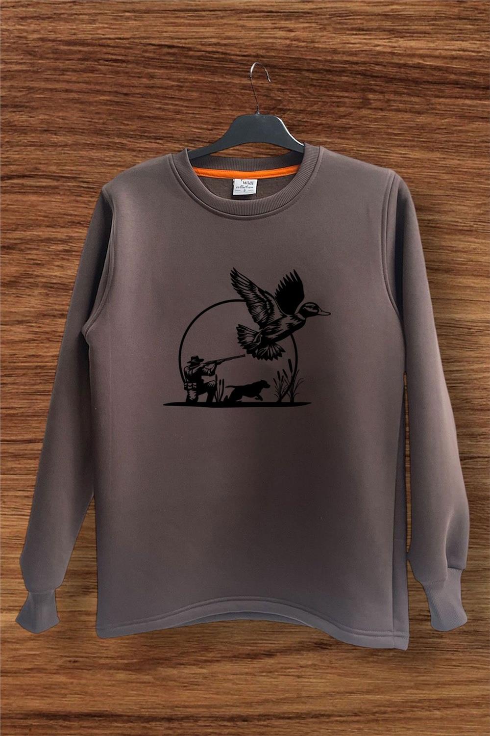 Hunting Avcılık Ördek Avı Ve Avcı Köpeği Tüfek Baskılı Regular Fit %100 Pamuk Sweatshirt - Kahverengi