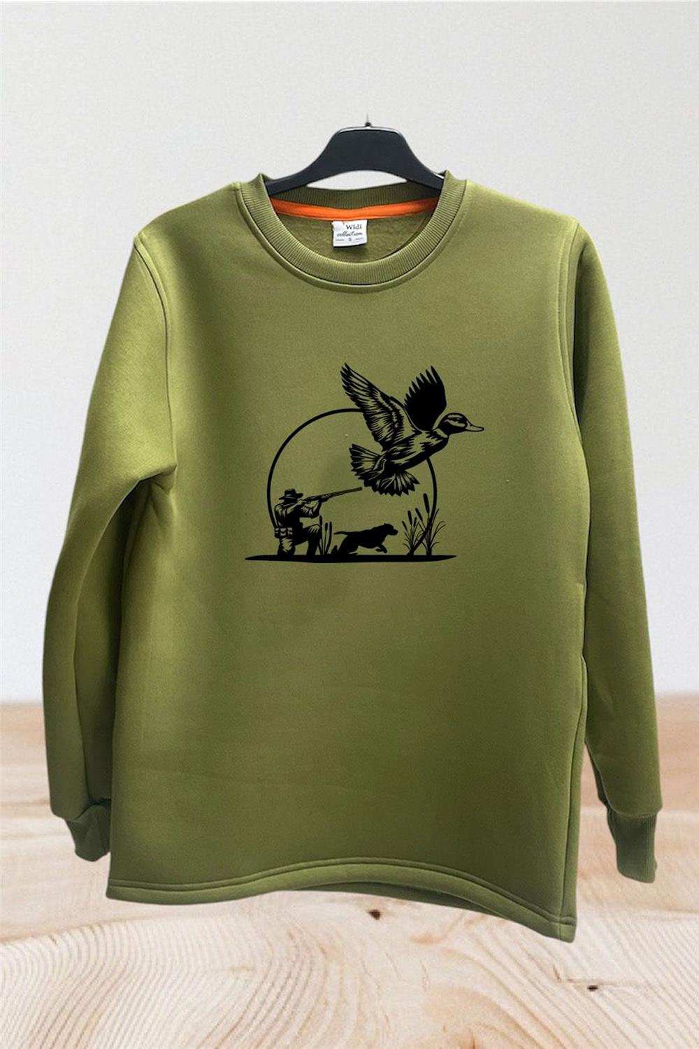 Hunting Avcılık Ördek Avı Ve Avcı Köpeği Tüfek Baskılı Regular Fit %100 Pamuk Sweatshirt - Haki