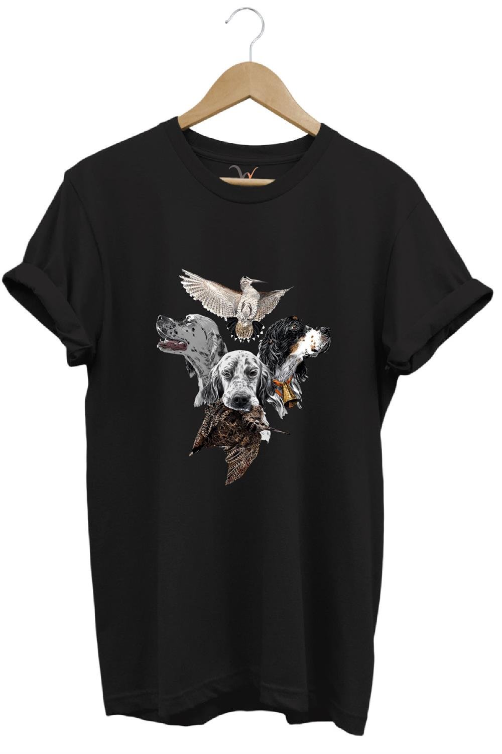 Hunting Avcılık Pointer Çulluk Setter Baskılı %100 Pamuk Regular Fit Unisex T-Shirt - Siyah