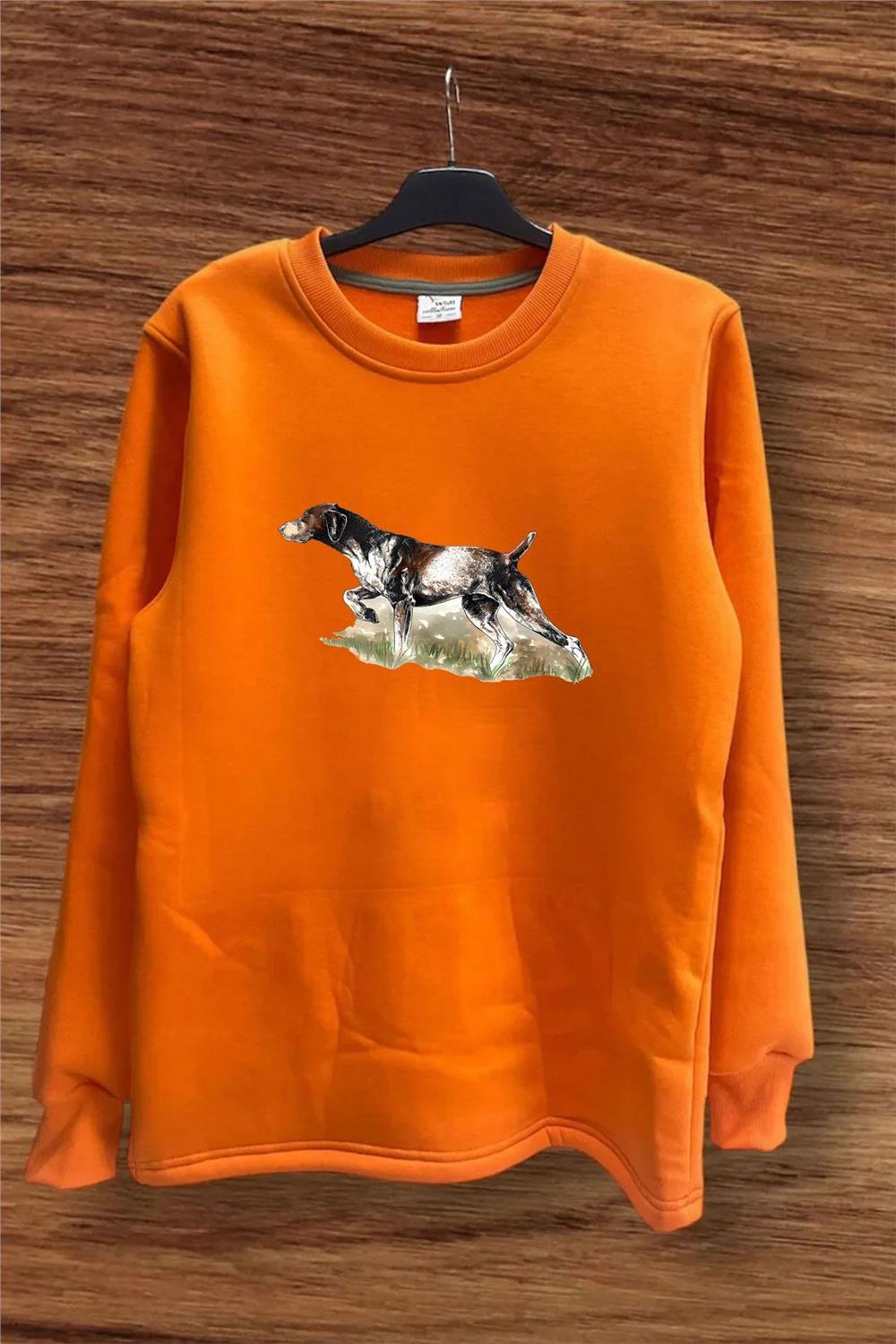 Hunting Doğa Avcılık Kurzhaar Av Köpeği Tema Baskılı Regular Fit %100 Pamuk Bisiklet Yaka Sweatshirt - Turuncu