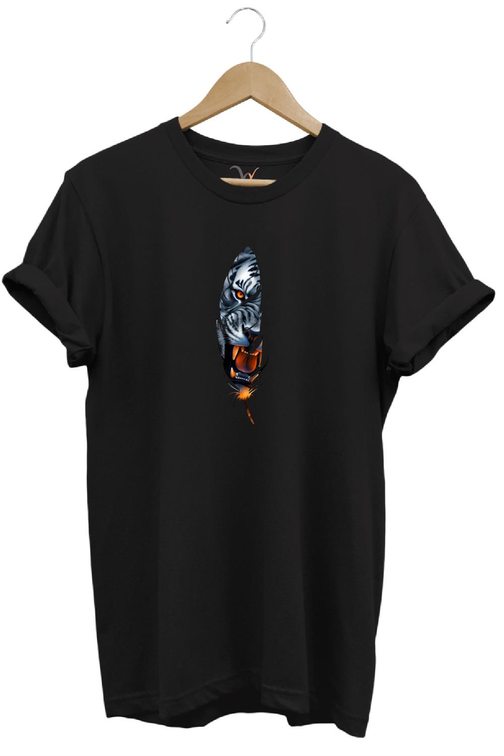 Kaplan Tüy Baskılı Şık Minimal %100 Pamuk Regular Fit Bisiklet Yaka T-Shirt - Siyah