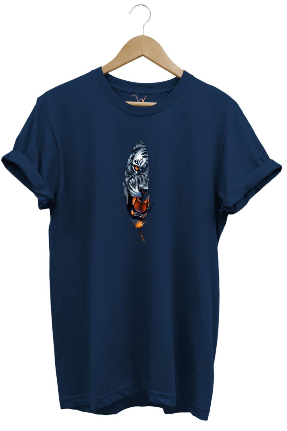 Kaplan Tüy Baskılı Şık Minimal %100 Pamuk Regular Fit Bisiklet Yaka T-Shirt - Lacivert