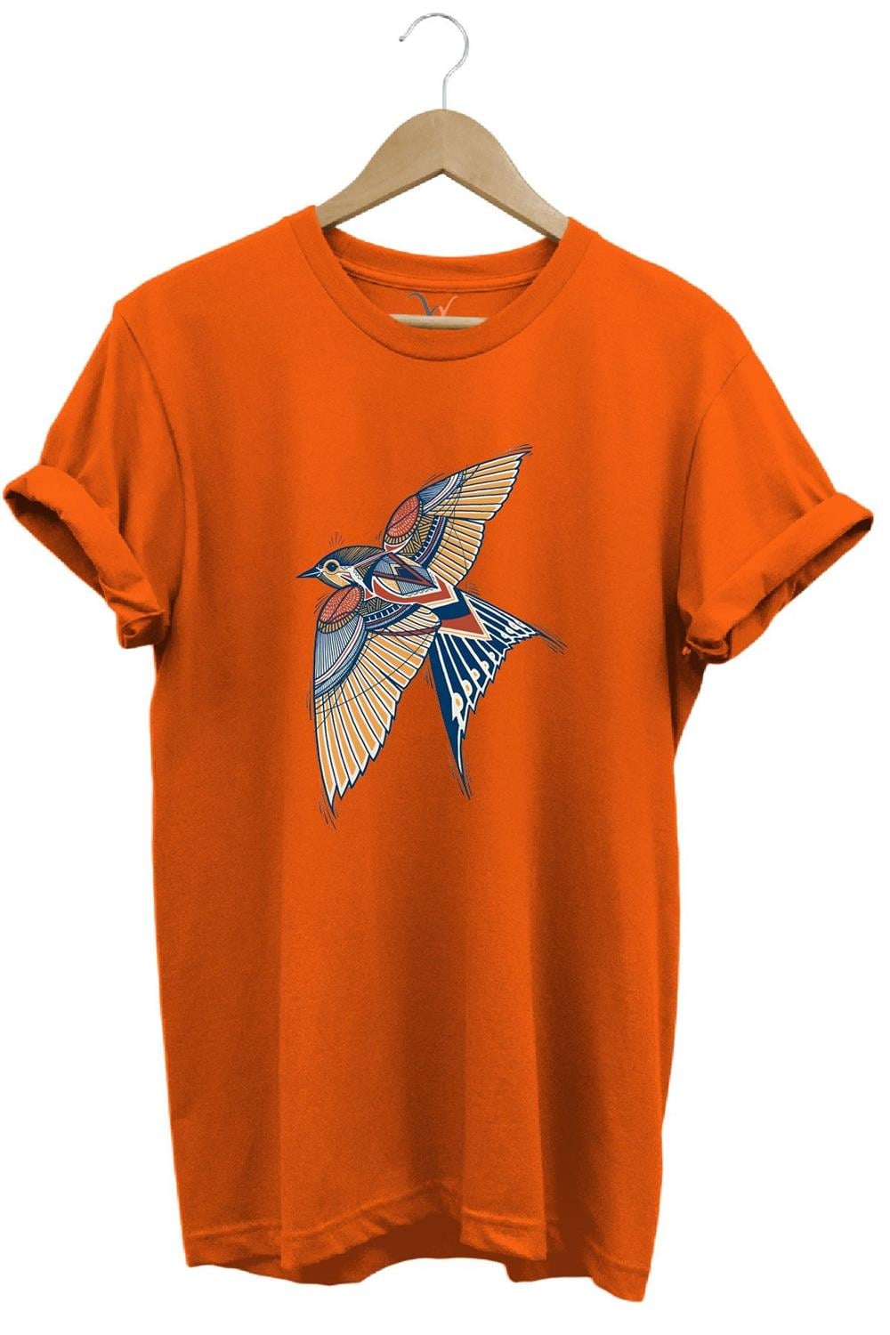 Kırlangıç Kuşu Dekoratif Baskılı %100 Pamuk Regular Fit Unisex T-Shirt - Turuncu
