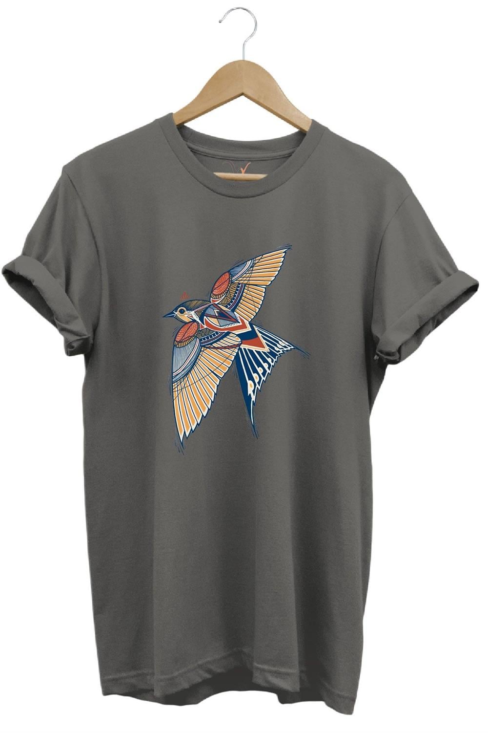 Kırlangıç Kuşu Dekoratif Baskılı %100 Pamuk Regular Fit Unisex T-Shirt - Antrasit
