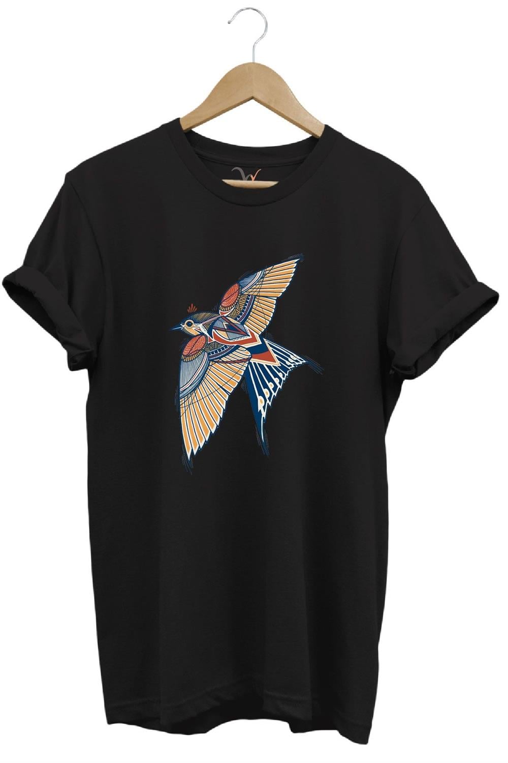 Kırlangıç Kuşu Dekoratif Baskılı %100 Pamuk Regular Fit Unisex T-Shirt - Siyah