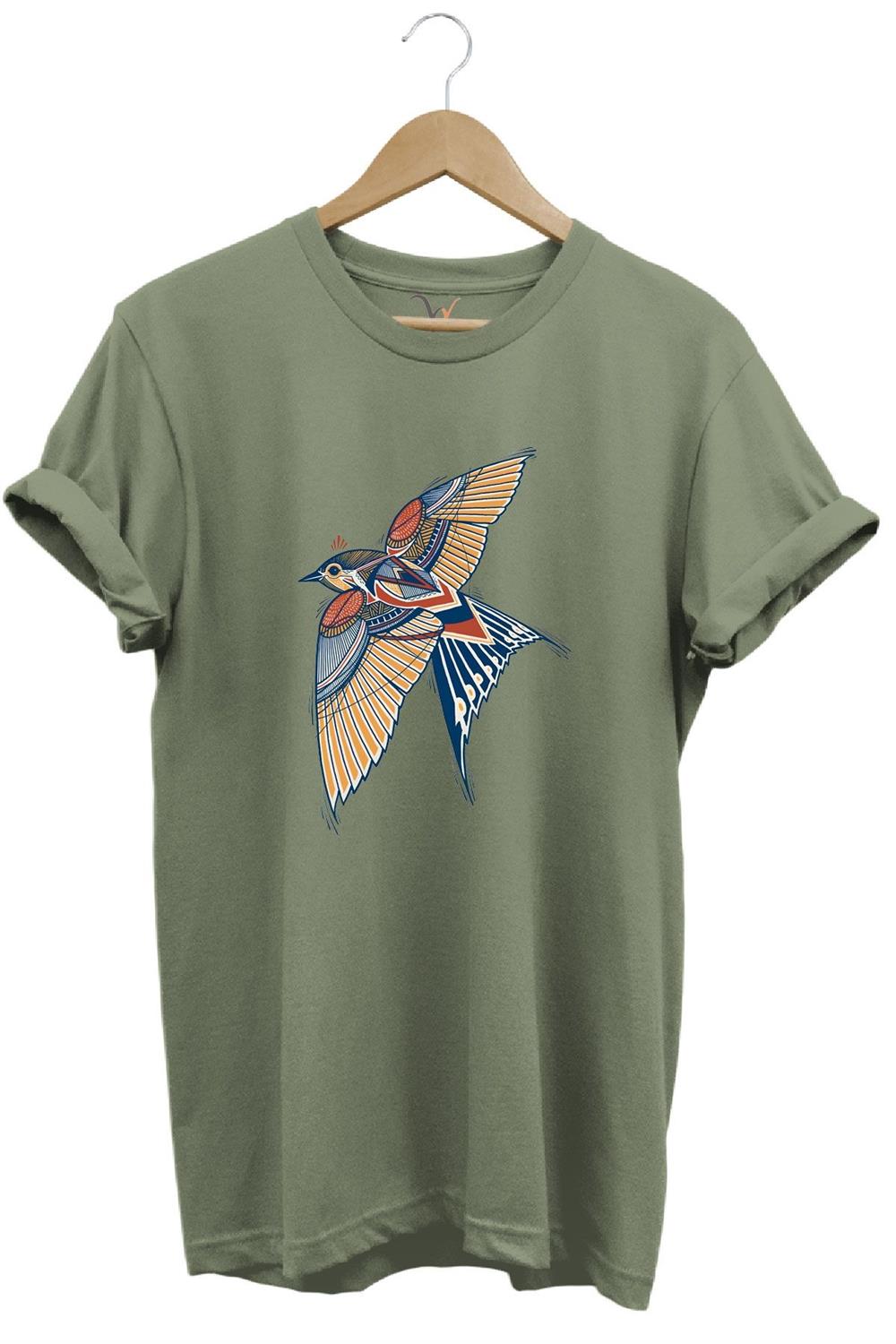 Kırlangıç Kuşu Dekoratif Baskılı %100 Pamuk Regular Fit Unisex T-Shirt - Haki