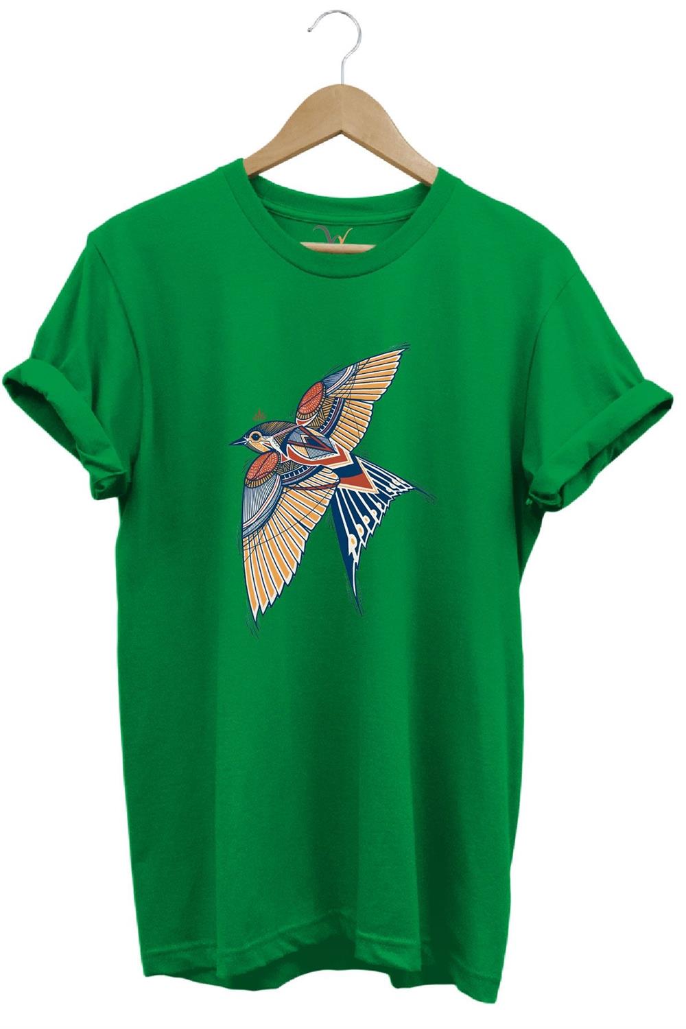 Kırlangıç Kuşu Dekoratif Baskılı %100 Pamuk Regular Fit Unisex T-Shirt - Yeşil