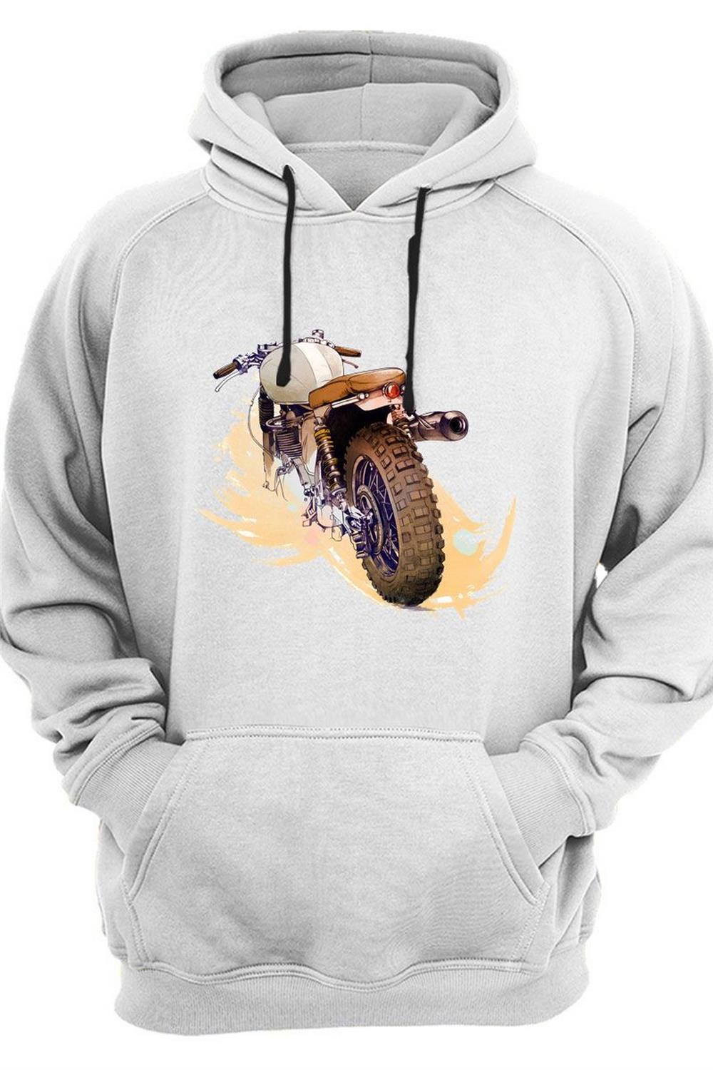 Klasik Motosiklet Baskılı Vintage Old Motor 3 Iplik Kalın Şardonlu Kanguru Cepli Sweatshirt - Beyaz