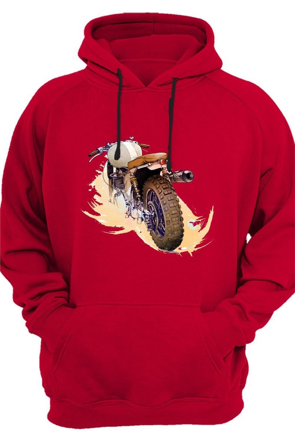 Klasik Motosiklet Baskılı Vintage Old Motor 3 Iplik Kalın Şardonlu Kanguru Cepli Sweatshirt - Kırmızı
