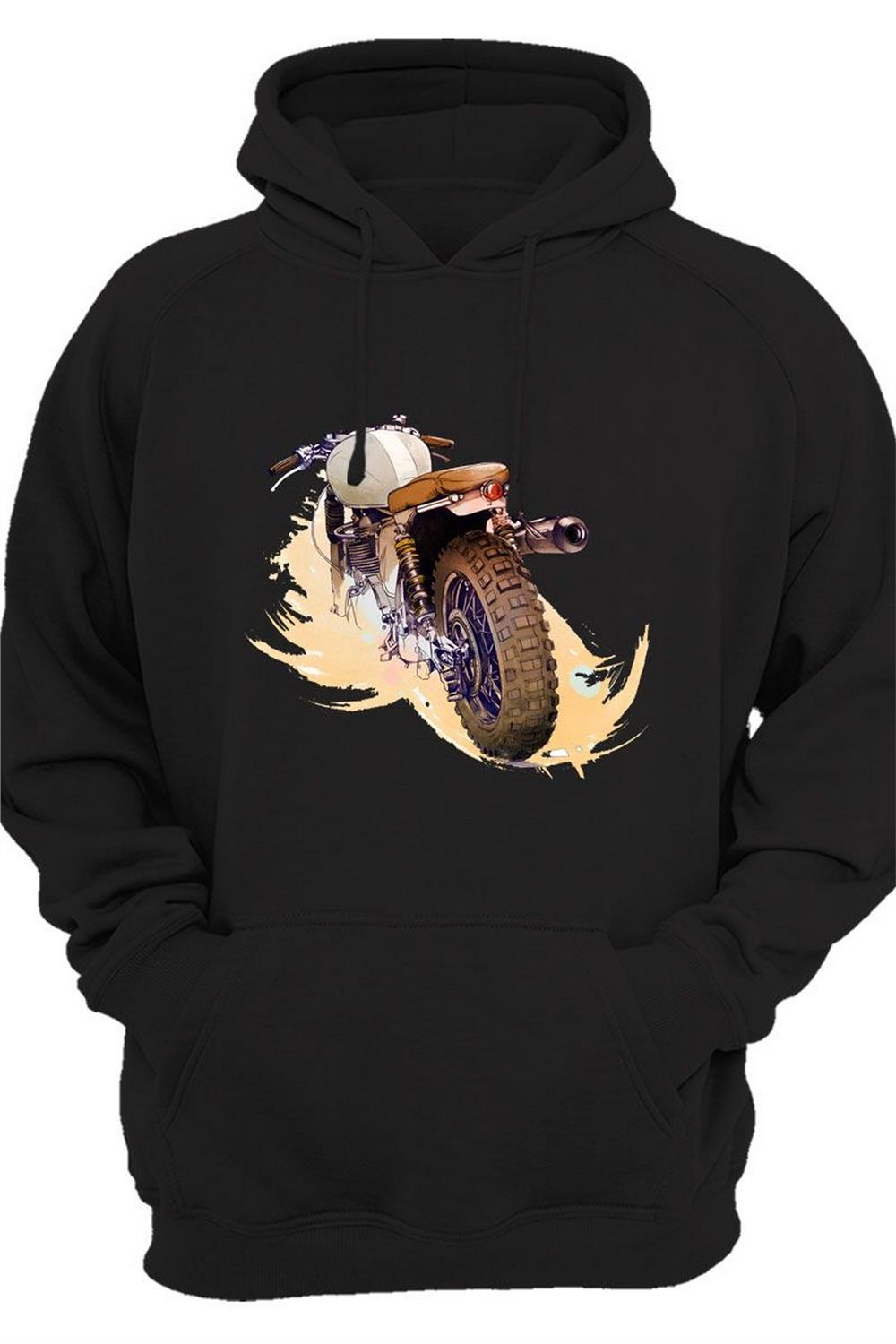 Klasik Motosiklet Baskılı Vintage Old Motor 3 Iplik Kalın Şardonlu Kanguru Cepli Sweatshirt - Siyah