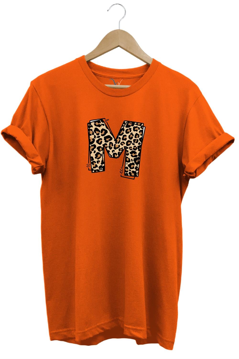 Leopar Desenli Doğum Günü Hediyesi M Harfi Baskılı %100 Pamuk Regular Fit Bisiklet Yaka T-Shirt - Turuncu