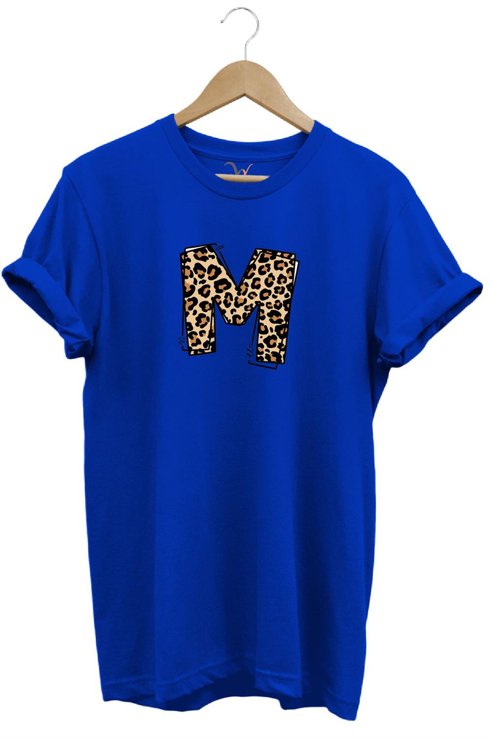 Leopar Desenli Doğum Günü Hediyesi M Harfi Baskılı %100 Pamuk Regular Fit Bisiklet Yaka T-Shirt - Mavi