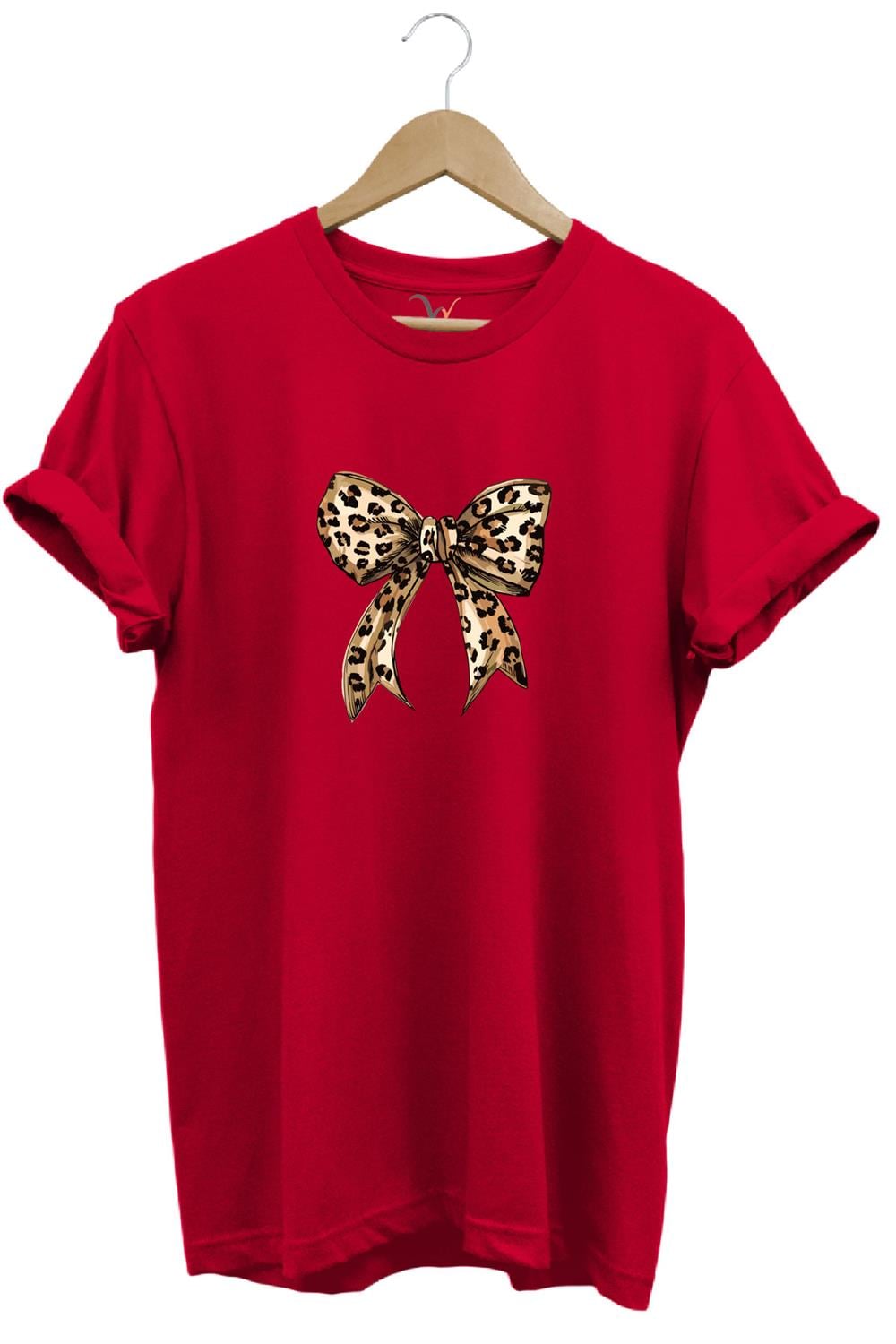 Leopar Desenli Toka Kurdele Baskılı %100 Pamuk Regular Fit Bisiklet Yaka T-Shirt - Kırmızı