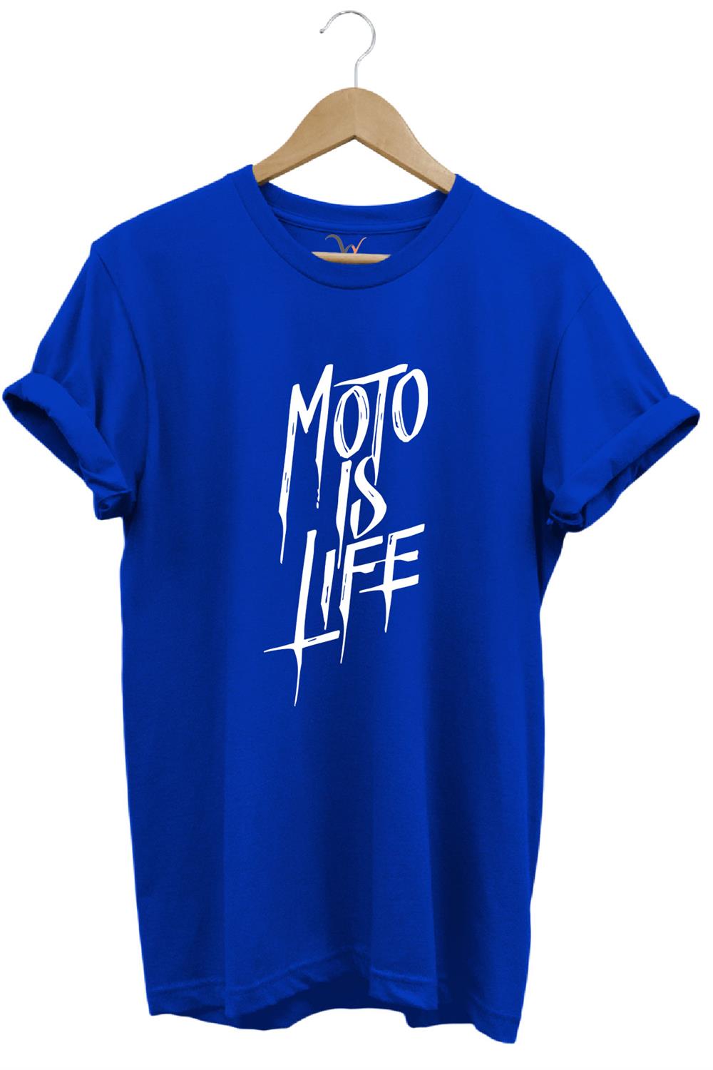 Moto Is Life Baskılı T-Shirt - Mavi