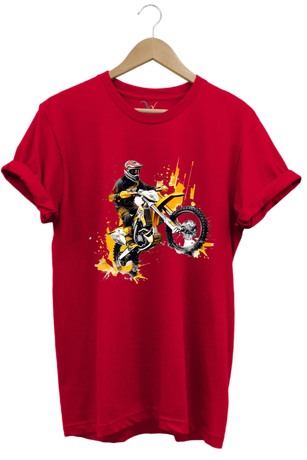 Motorcu Cross Motosiklet Baskılı Ön Kaldıran Motorcu %100 Pamuk Regular Fit Bisiklet Yaka T-Shirt - Kırmızı
