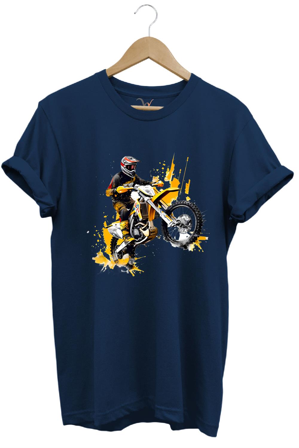 Motorcu Cross Motosiklet Baskılı Ön Kaldıran Motorcu %100 Pamuk Regular Fit Bisiklet Yaka T-Shirt - Lacivert