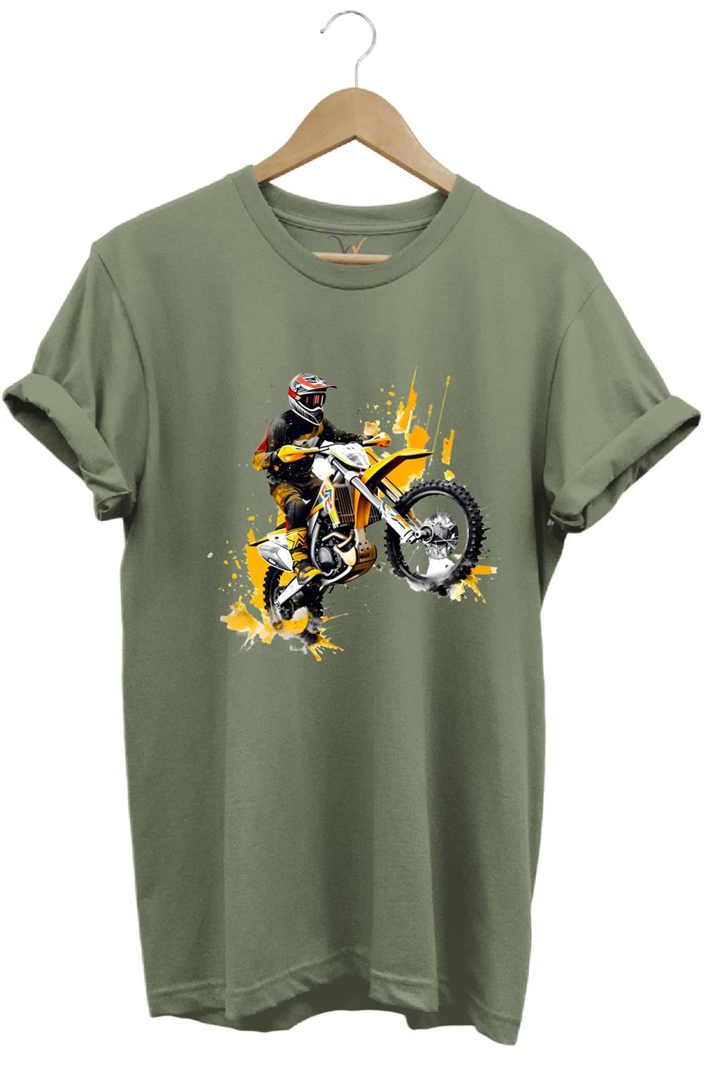 Motorcu Cross Motosiklet Baskılı Ön Kaldıran Motorcu %100 Pamuk Regular Fit Bisiklet Yaka T-Shirt - Haki