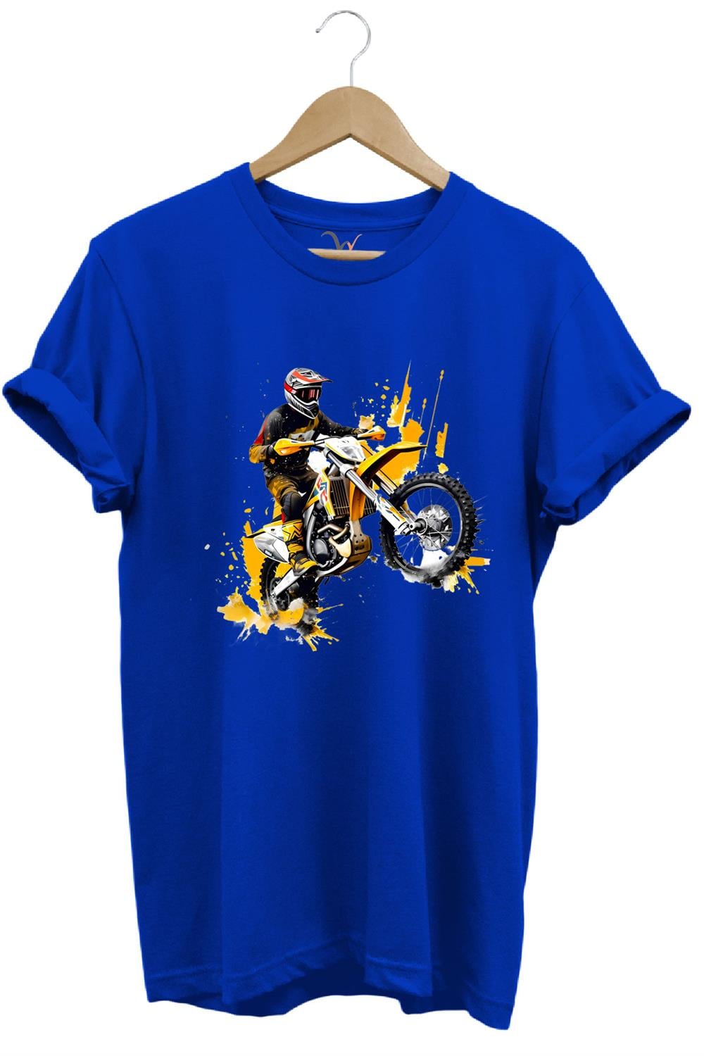 Motorcu Cross Motosiklet Baskılı Ön Kaldıran Motorcu %100 Pamuk Regular Fit Bisiklet Yaka T-Shirt - Mavi