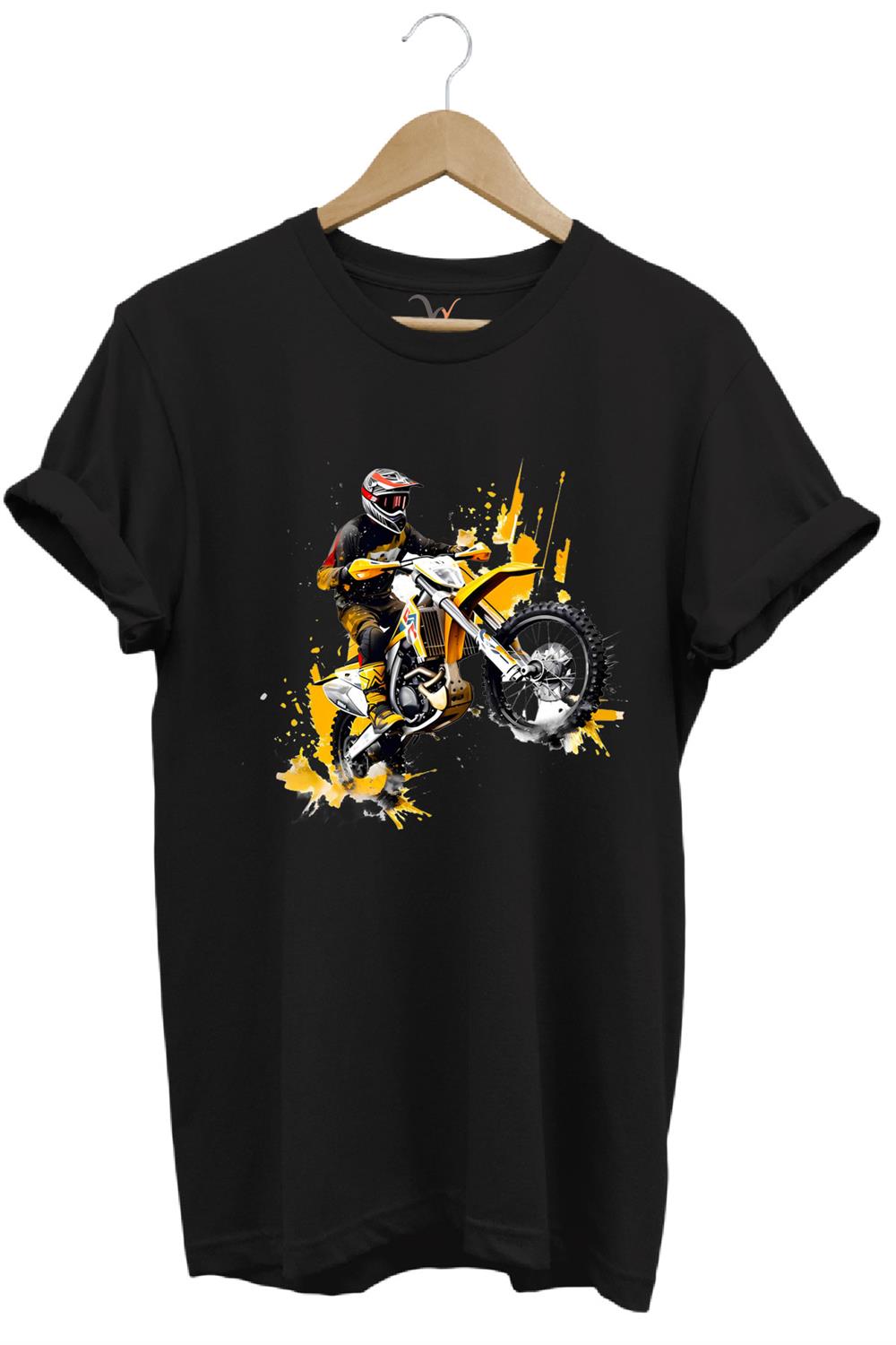 Motorcu Cross Motosiklet Baskılı Ön Kaldıran Motorcu %100 Pamuk Regular Fit Bisiklet Yaka T-Shirt - Siyah