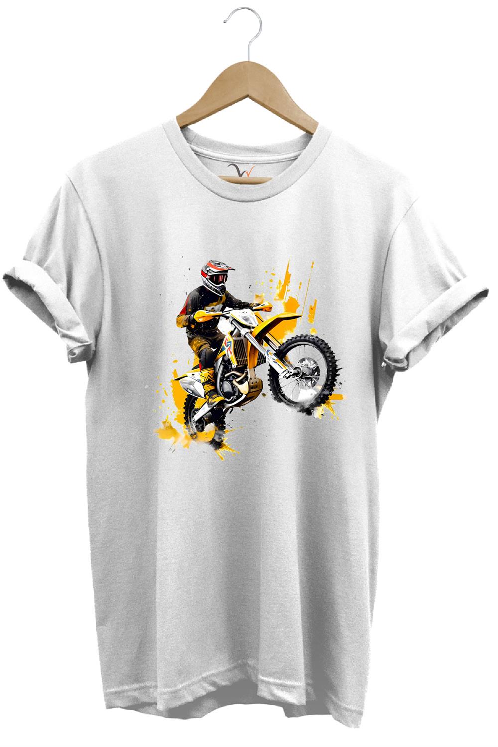 Motorcu Cross Motosiklet Baskılı Ön Kaldıran Motorcu %100 Pamuk Regular Fit Bisiklet Yaka T-Shirt - Beyaz
