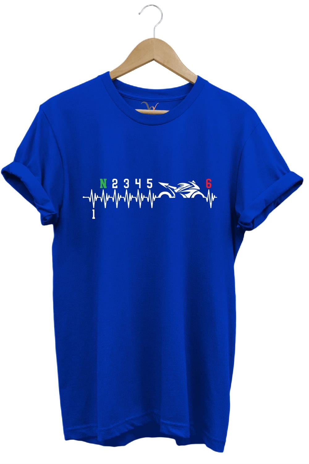 Motorcu Motorsiklet Kalp Ritmi Baskılı 1N23456 Regular Fit %100 Pamuk T-Shirt - Mavi